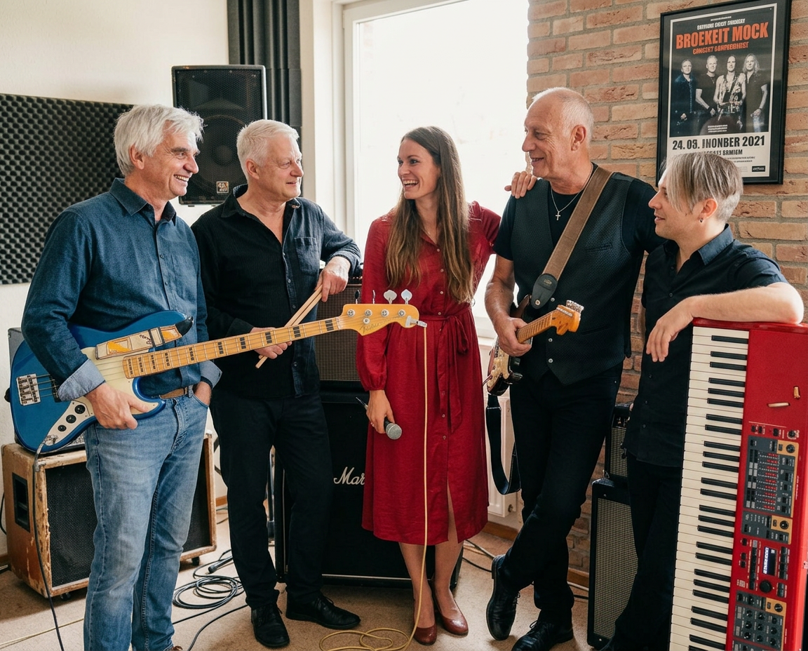 MILLERS.5 gemeinsam im Bandraum mit Instrumenten