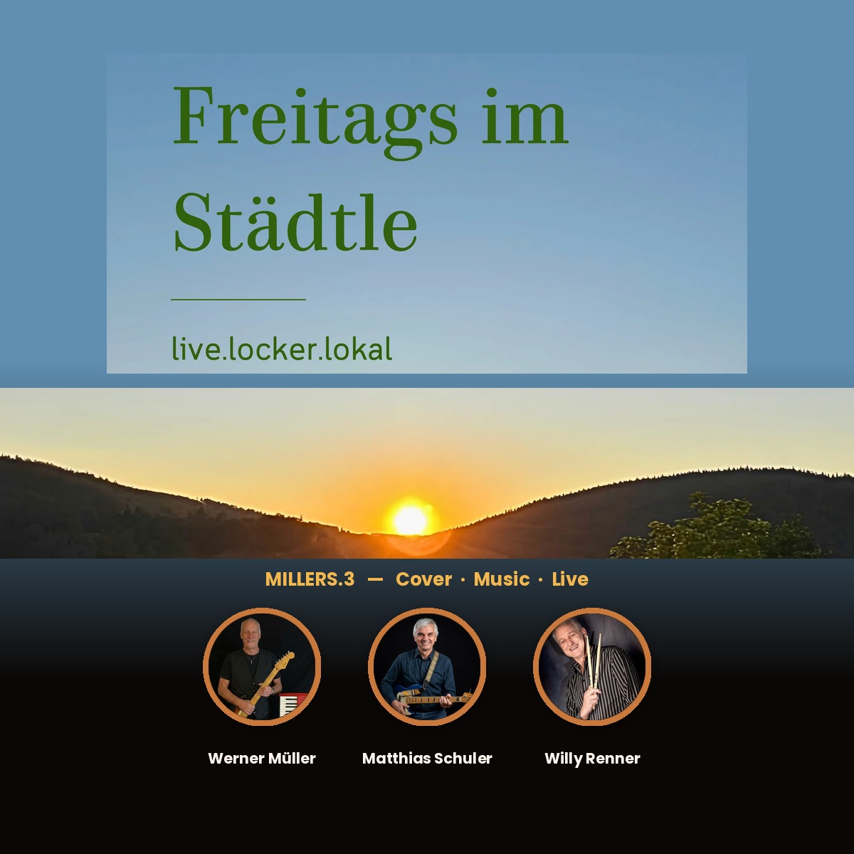 Sonnenuntergang über Triberg mit Portraits von Werner Müller, Matthias Schuler und Willy Renner